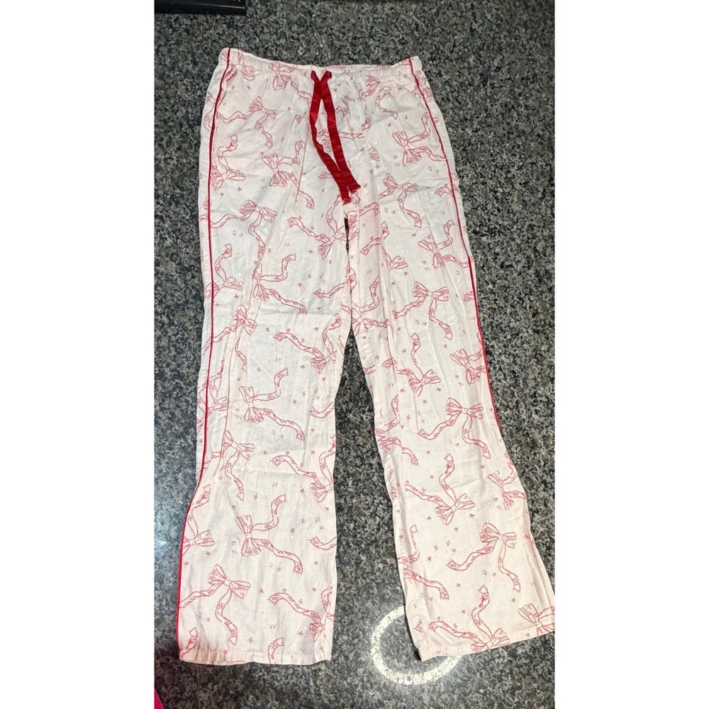 Victorias Secret Red Bow Sequin Pajama Pants White Cotton Lounge Bottoms Small